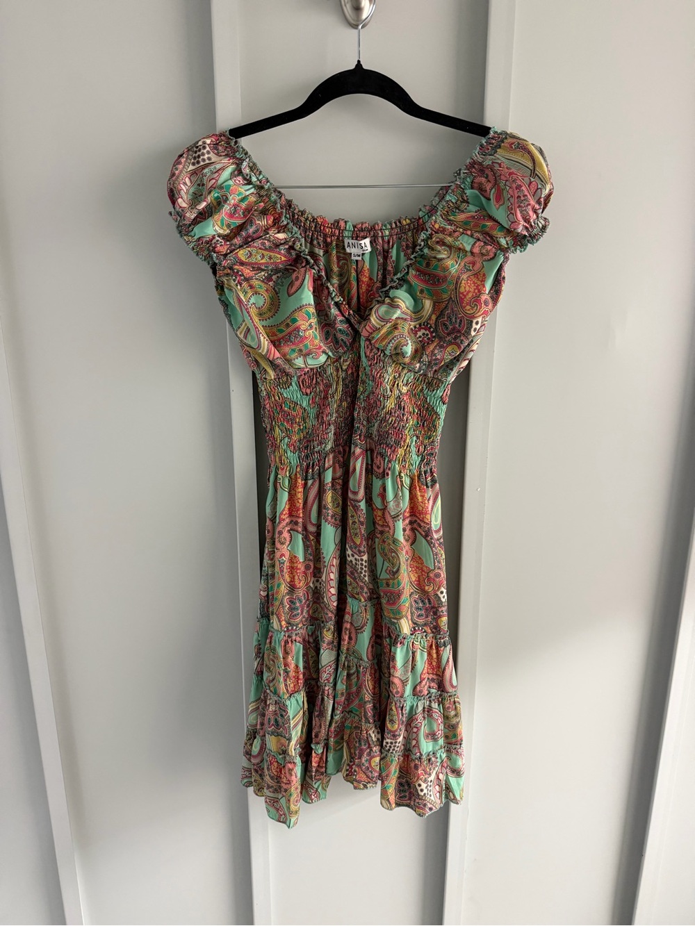 Anisa Spain Multi-Colored Green Orange Paisley Smocked Mini Dress - Size S/M - Picture 3 of 13